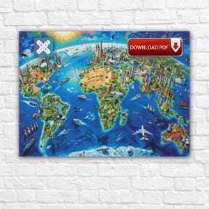 Op de afbeelding: Een kleurrijke wereldkaartillustratie met gedetailleerde afbeeldingen van bezienswaardigheden, steden en verschillende transportmiddelen. De kaart toont een blauwe oceaan, groene landmassa's en een heldere zon. Een rode banner met de tekst "DOWNLOAD PDF" is zichtbaar.