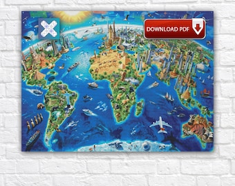 World Map Cross Stitch Pattern, Earth Map Embroidery Design, Instant Download PDF Chart