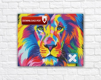 Lion Cross Stitch Pattern, Animal King Embroidery Design, Abstract Instant Download PDF Chart