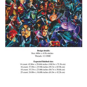 以下が含まれることがあります： 「Villains Mirror」というタイトルのクロスステッチパターン。漫画の悪役のコラージュが特徴です。デザインの詳細には、600w x 415hステッチのサイズと111本のDMC糸が含まれます。完成時のサイズはcmで表示されます。