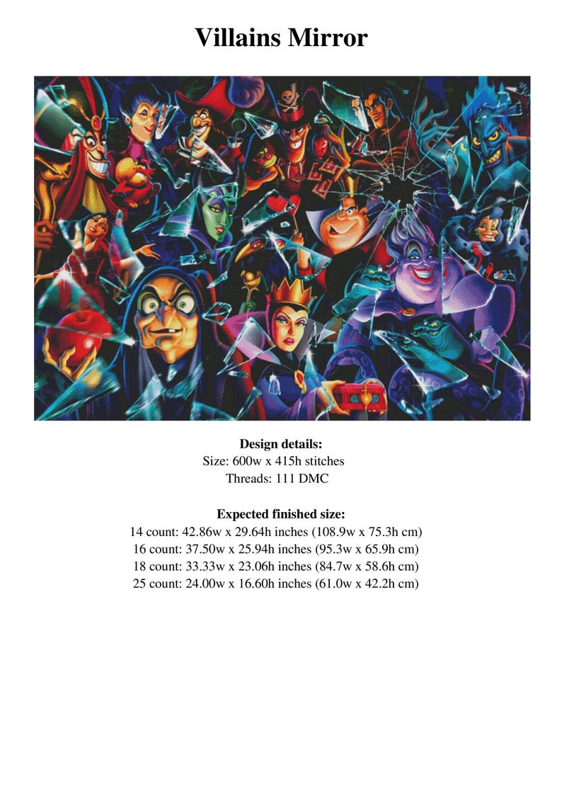 以下が含まれることがあります： 「Villains Mirror」というタイトルのクロスステッチパターン。漫画の悪役のコラージュが特徴です。デザインの詳細には、600w x 415hステッチのサイズと111本のDMC糸が含まれます。完成時のサイズはcmで表示されます。