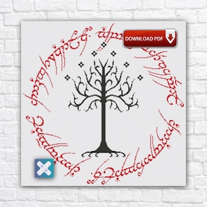 Lord Of The Rings Cross Stitch Pattern, Tree Of Gondor Embroidery PDF Chart, LOTR One Ring Inscription Instant Download Fan Art Pattern