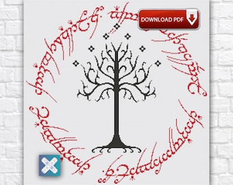 Lord Of The Rings Cross Stitch Pattern, Tree Of Gondor Embroidery PDF Chart, LOTR One Ring Inscription Instant Download Fan Art Pattern