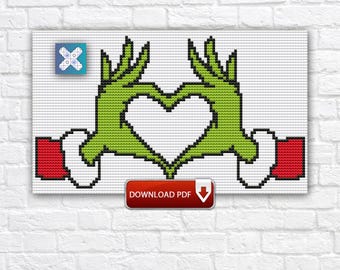 Grinch Heart Hands Cross Stitch Pattern PDF, Christmas Love Fan Art Embroidery, Grinch Small Cross Stitch Design, Instant PDF Chart