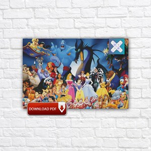 Pode incluir: Um cartaz colorido com uma colagem de personagens da Disney, incluindo princesas, vilões e outras figuras icónicas. O cartaz tem um fundo azul e inclui o texto "DOWNLOAD PDF".