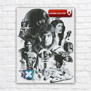 Könnte beinhalten: Schwarz-Weiß-Poster mit Charakteren aus Star Wars, darunter Darth Vader, Luke Skywalker, Prinzessin Leia, Han Solo, Yoda, C-3PO, R2-D2 und der Millennium Falke. Das Poster hat eine "DOWNLOAD PDF"-Schaltfläche.