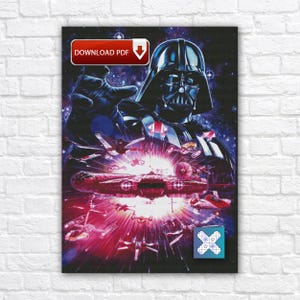 Może przedstawiać: Plakat z Gwiezdnych Wojen przedstawiający Dartha Vadera wyciągającego rękę. Plakat przedstawia Sokoła Millennium i inne statki kosmiczne w bitwie kosmicznej, z tekstem "DOWNLOAD PDF" w lewym górnym rogu.