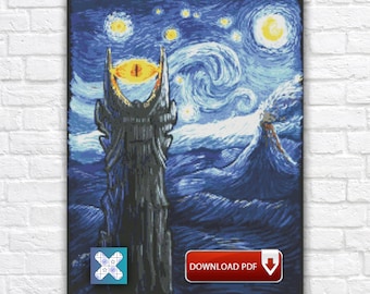 Lord Of The Rings Cross Stitch Pattern, Eye Of Sauron Embroidery Design, Starry Night Digital PDF Chart
