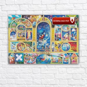 May include: A colorful poster featuring various Disney characters in a stained-glass style design. The artwork includes scenes from classic Disney movies, with a prominent "Download PDF" button in the upper right corner.