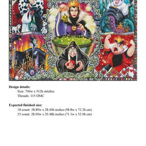 Op de afbeelding: Een kleurrijk kruissteekpatroon met Disney-schurken, waaronder Cruella de Vil en de boze koningin. Het ontwerp bevat de tekst "Villains" en details over de afmetingen, die voor 18 count 98,8 cm x 72,2 cm bedragen.