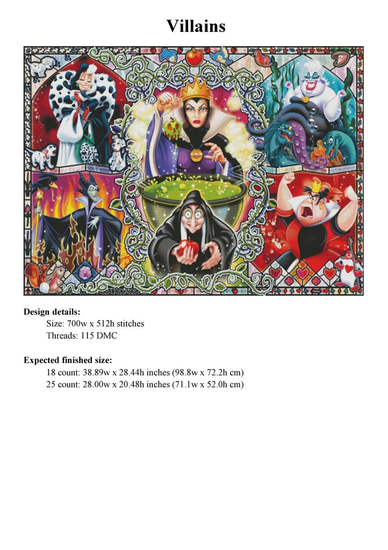 Op de afbeelding: Een kleurrijk kruissteekpatroon met Disney-schurken, waaronder Cruella de Vil en de boze koningin. Het ontwerp bevat de tekst "Villains" en details over de afmetingen, die voor 18 count 98,8 cm x 72,2 cm bedragen.