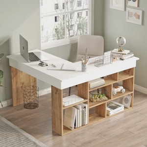 L-Shaped Corner Desk – White & Oak, Integrated Bookshelves