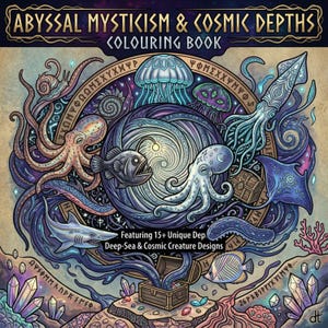 May include: A coloring book titled Abyssal Mysticism & Cosmic Depths featuring deep-sea and cosmic creature designs. The cover displays an octopus, jellyfish, anglerfish, shark, and squid surrounding a central vortex, with a treasure chest and crystals.