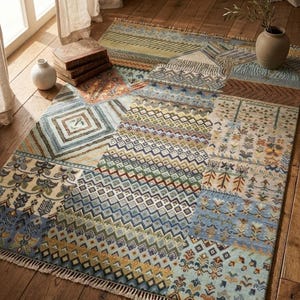 Hand-Knotted Wool Kilim Rug – Multicolor Patchwork Bohemian Tribal Geometric Design