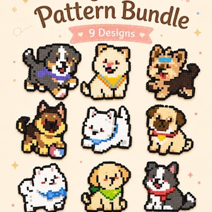 May include: A digital PDF pattern bundle featuring nine pixel art dog designs. The graphic displays various breeds in colorful bead-style illustrations, including a Bernese Mountain Dog, a pug, and a golden retriever, with the text Dog Bead Pattern Bundle.