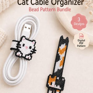 May include: A white USB cable is held by a beaded cat cable tidy. The tidy is white with black accents. A second beaded cat cable tidy is black, white, and orange. The text "Cat Cable Organizer Bead Pattern Bundle" is at the top.