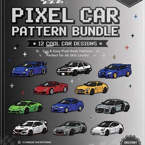 Puede incluir: Un paquete de patrones PDF digital que presenta 12 diseños de coches en pixel art. La portada muestra varios coches deportivos coloridos en un estilo pixelado sobre un fondo degradado oscuro con texto blanco que incluye Pixel Car Pattern Bundle.