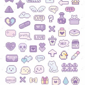 ピクセルステッカーPNG | 紫とピンクのピクセルアート | デジタルプランナー | ノートデコレーション | 即時ダウンロード