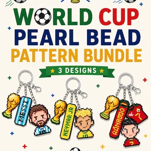 May include: A digital graphic displaying a World Cup Pearl Bead Pattern Bundle with three designs. It features pixel art of soccer trophies, soccer balls, and keychains depicting Messi, Neymar Jr, and Ronaldo with their respective jerseys and names.
