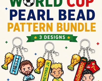 May include: A digital graphic displaying a World Cup Pearl Bead Pattern Bundle with three designs. It features pixel art of soccer trophies, soccer balls, and keychains depicting Messi, Neymar Jr, and Ronaldo with their respective jerseys and names.