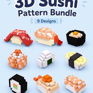 Könnte beinhalten: Eine Sammlung von neun 3D-Sushi-Designs in einem Musterpaket. Die Sushi-Stücke sind in einem pixeligen Stil dargestellt und zeigen verschiedene Arten wie Nigiri und Maki, mit Farben wie Rot, Orange, Weiß und Schwarz. Der Text "3D Sushi Pattern Bundle" ist oben zu sehen.