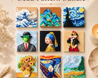 May include: A collection of nine bead patterns, each depicting a famous painting. The patterns include "The Great Wave off Kanagawa," "Starry Night," and "Girl with a Pearl Earring." The text "9 Famous Paintings Bead Pattern Bundle" and "Digital PDF Pattern" are also visible.