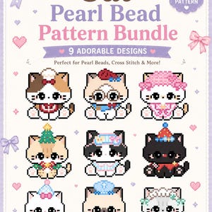 Pode incluir: Um pacote de padrões PDF digitais com nove designs de gatos em pixel art. O texto diz Cat Pearl Bead Pattern Bundle, 9 ADORABLE DESIGNS, Perfect for Pearl Beads, Cross Stitch & More!, Cute, Easy, Fun to Make e INSTANT DOWNLOAD.