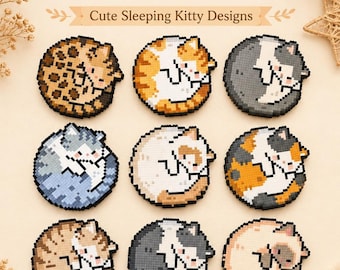 May include: A digital PDF pattern bundle featuring nine round cat bead designs. Each design showcases a sleeping cat in various colors and patterns, including calico, tabby, and gray. The text reads "9 Round Cat Bead Pattern Bundle" and "Cute Sleeping Kitty Designs".