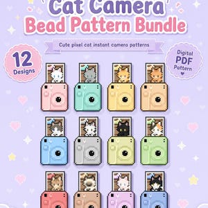 Puede incluir: Un paquete de patrones PDF digitales con 12 diseños de cámaras instantáneas de píxeles de gatos. Las cámaras son de varios colores, cada una con una imagen de gato diferente. El texto dice "Cat Camera Bead Pattern Bundle."
