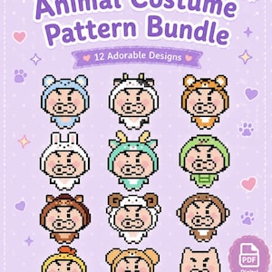 Op de afbeelding: Een digitaal patroonpakket met de tekst Animal Costume Pattern Bundle en 12 Adorable Designs. De afbeelding toont 12 pixel art-personages in verschillende dierenkostuums, waaronder een beer, koe, tijger en konijn, op een lichtpaarse achtergrond met kleine witte stippen, hartjes en pootafdrukken.