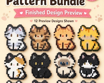 May include: A collection of 12 pixelated cat designs in various colors, including gray, brown, orange, yellow, black, white, and pink. The image is labeled "24 Cat Bead Pattern Bundle" and "Finished Design Preview."