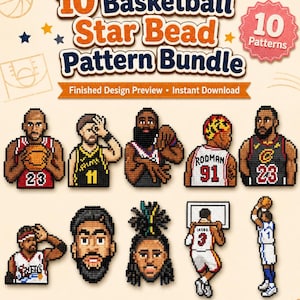 May include: A digital pattern bundle featuring 10 basketball star bead patterns. The image shows pixelated designs of basketball players in their jerseys. The text reads "10 Basketball Star Bead Pattern Bundle" and "Finished Design Preview - Instant Download."