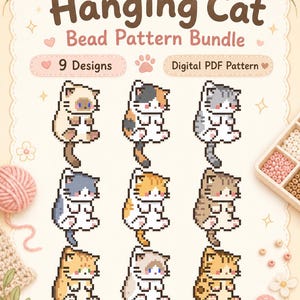 Puede incluir: Un paquete de patrones PDF digitales con nueve diseños de gatos pixelados colgantes. La imagen muestra el texto "Hanging Cat Bead Pattern Bundle" y varios diseños de gatos en diferentes colores y patrones.