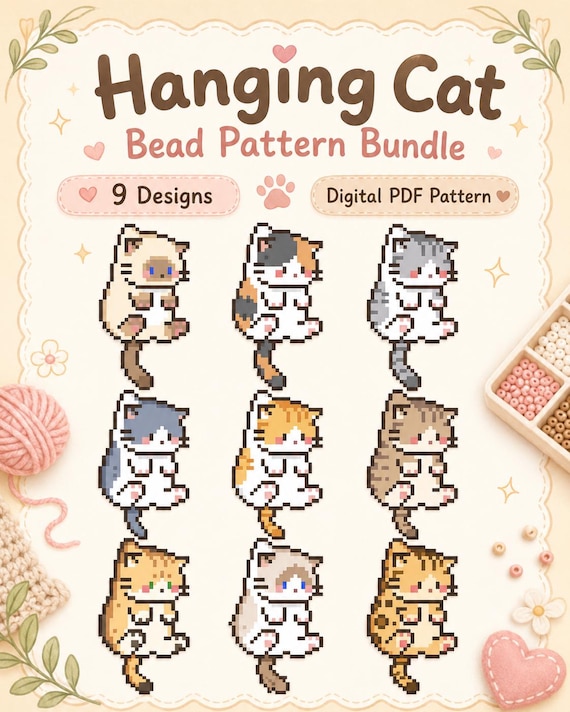 Instant Download 9 Hanging Cat Perler Bead Pattern Bundle