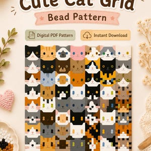 Puede incluir: Un patrón de cuadrícula con numerosas caras de gatos de dibujos animados en varios colores y diseños. El texto "Cute Cat Grid Bead Pattern" se muestra en la parte superior. Incluye opciones para un patrón PDF digital y descarga instantánea.