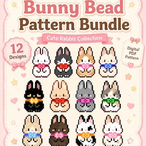 Puede incluir: Un paquete de patrones PDF digital titulado Bunny Bead Pattern Bundle Cute Rabbit Collection que presenta 12 diseños de pixel art de conejos en varios colores, cada uno con un lazo. El gráfico incluye lazos rosas, estrellas y corazones.