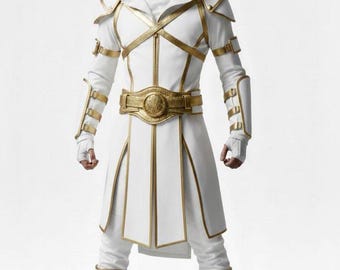 Disfraz de asesino con capucha blanca y ribete dorado, armadura de guerrero fantástico, atuendo medieval para cosplay, disfraz de Halloween para LARP.