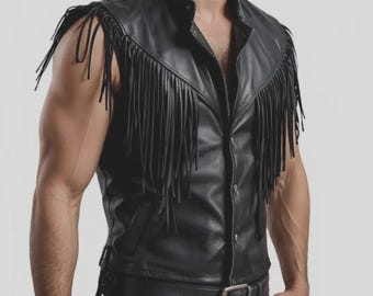 Chaleco de cuero con flecos hecho a mano, estilo vaquero y motero vintage