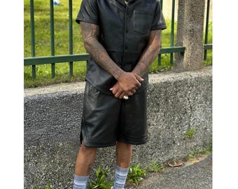 Conjunto de camisa y pantalones cortos de cuero genuino negro para hombre - Traje de verano de Miami