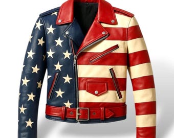 Conjunto de chaqueta y pantalón de cuero para hombre con la bandera estadounidense, estilo motero con estrellas y rayas de EE. UU., estilo vintage de los 90.