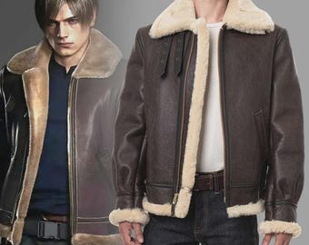 Chaqueta Leon Kennedy RE4 B3, abrigo bomber de piel de oveja con cuello de piel para hombre, chaqueta de cuero para cosplay de invierno.