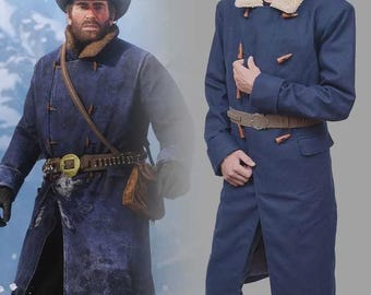 Abrigo de lana azul Arthur Morgan, chaqueta de cosplay de RDR2, atuendo de invierno de Red Dead Redemption 2, abrigo de vaquero