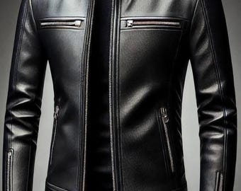 Chaqueta de motociclista negra de cuero genuino para hombre, estilo motociclista ajustado