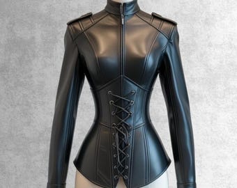 Chaqueta corsé de cuero negro hecha a mano: estilo militar gótico steampunk