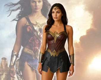 Disfraz de Mujer Maravilla para cosplay, hecho a mano, de cuero, de princesa guerrera, con corsé, brazaletes, tiara, Comic Con, Halloween