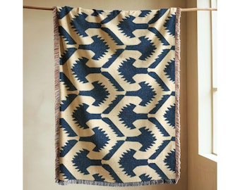 Woven Cotton Blanket, Geometric Nordic Bird Pattern Throw, Fringe Edge Home Decor