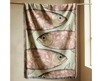 Manta tejida con peces costeros, tapiz náutico de algodón