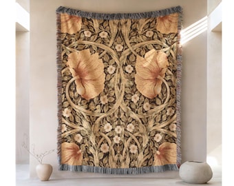 Manta de algodón tejida estilo William Morris, diseño botánico, borde con flecos