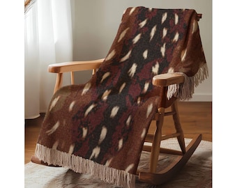 Manta tejida de cervatillo, manta jacquard con estampado de ciervo, decoración de cabaña en el bosque, manta de sofá marrón neutro, estampado bohemio de lunares de animales