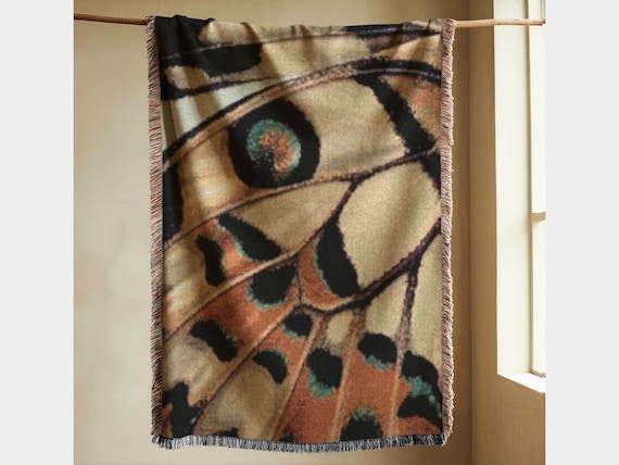 Woven Throw Blanket, Abstract Jacquard Textile, Butterfly Wing Pattern, Afro Bohomian Home Decor